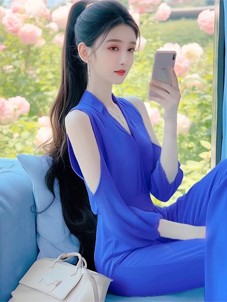 Áo liền quần jumpsuit nữ hở vai phong cách Pháp Hepburn — Màu xanh lam nhạt, Màu hồng, Màu xanh lam chi tiết 7