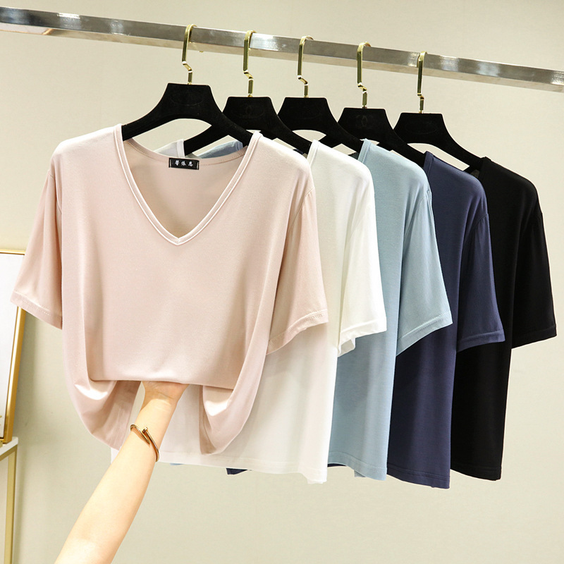 Modal Short-Sleeved T-Shirt for Women in Summer, V-Neck, Fashionable and Versatile, Loose Slimming Look Bottoming Shirt, Short Thin Sun Protection Blouse