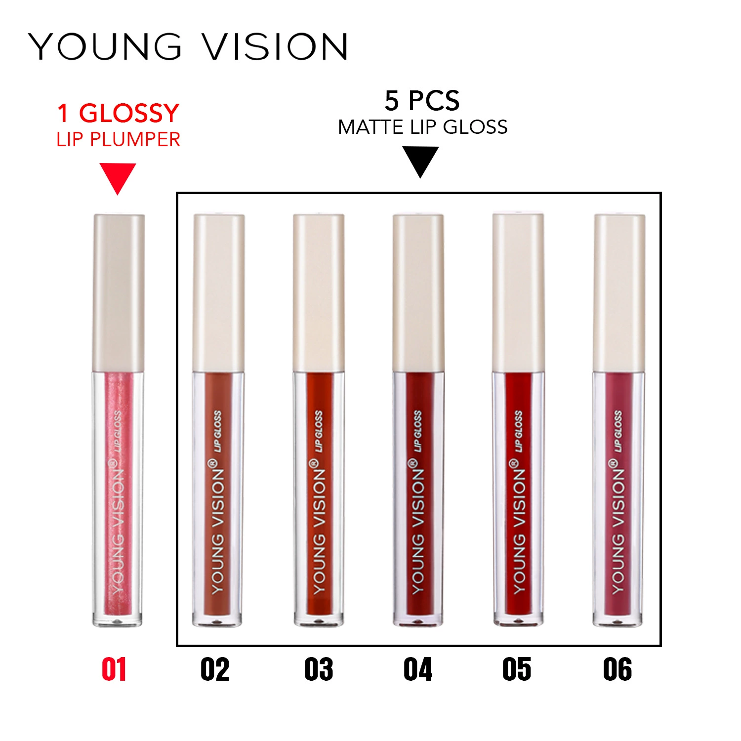 Matte Liquid Lipstick Set (YOUNG VISION), 6 Colors with Lip Plumper, 1.5 ml x6