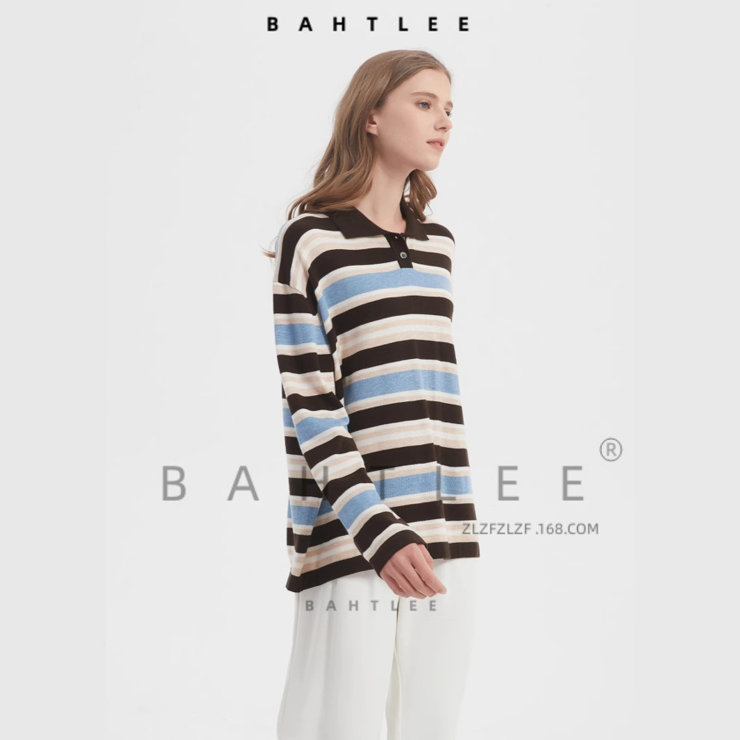 早春复古色系彩色条纹羊毛polo领宽松针织毛衣法式廓形格纹套衫