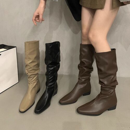 Thick heel pointed women's boots, pleated pile boots, autumn and winter new style, all-matching long-barrel knight boots, thin boots