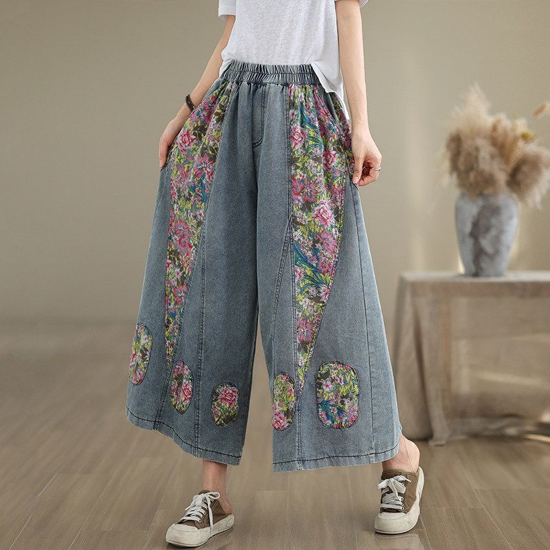 Ethnic style 2026 new summer thin denim patchwork casual retro loose plus-size women's wide-leg cropped pants