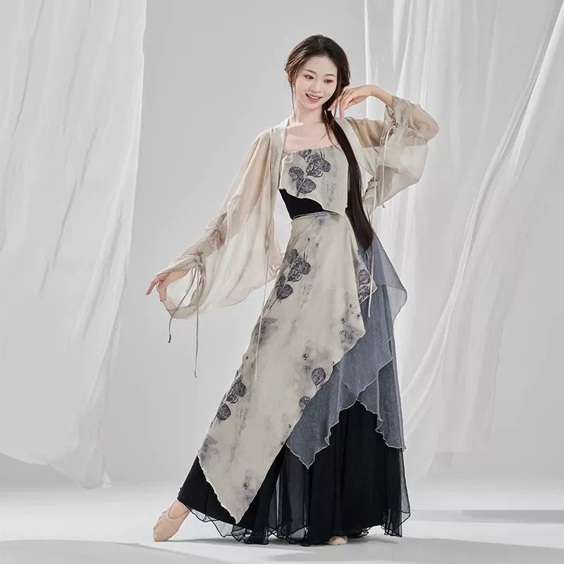Новая классическая танцевальная одежда с принтом, элегантная марлевая юбка, китайский танец, танцевальная одежда в древнем стиле, одежда Хань и Тань, драматические костюмы