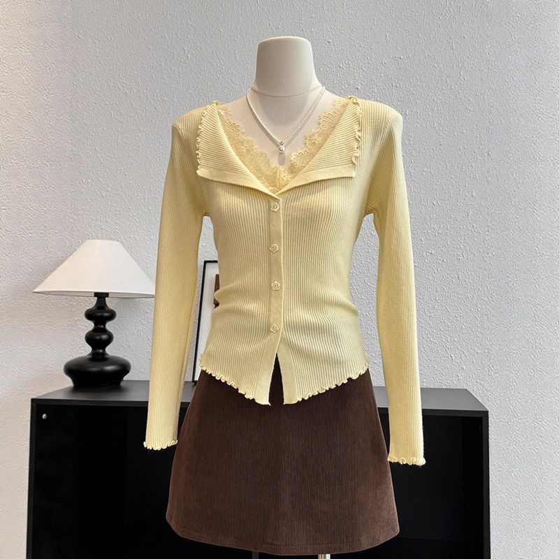 Autumn Women's Clothing High-End French Style Lace Splicing V-Neck Long-Sleeved Knitted Cardigan Sweater Slim Bottoming Shirt