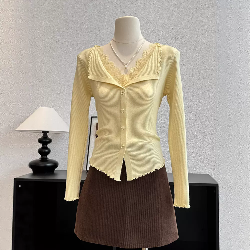 秋装女装高级感法式气质蕾丝拼接v领长袖针织开衫毛衣修身打底衫