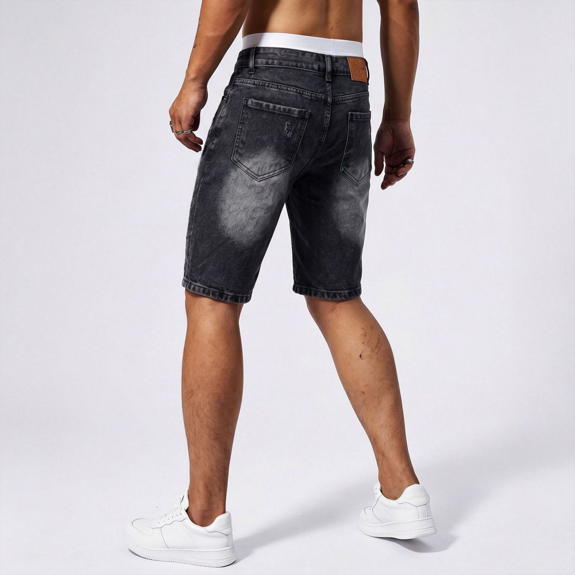 Men's Distressed Denim Shorts All-Seeing Eye Print American Streetwear Style Summer Baggy Cargo Jeans_mkmklike.com