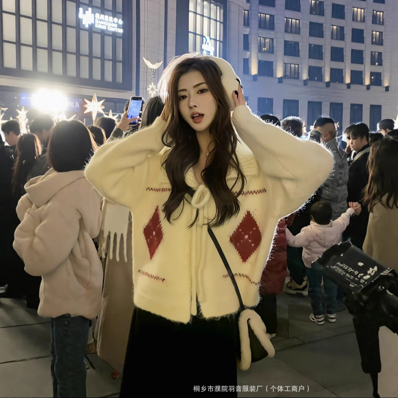 韩系复古针织开衫撞色圣诞款秋冬新品宽松慵懒风费尔岛毛衣外套女|undefined