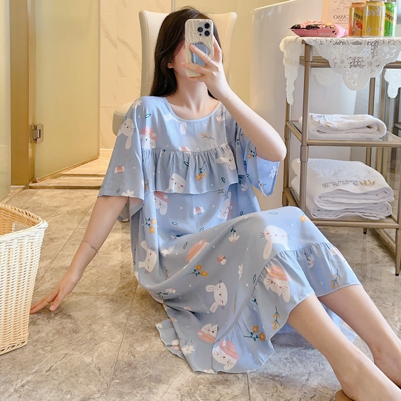 Anti-bump Nightgown Women's Summer Thin plus size Cotton Silk Skirt 2025 New Ice-feeling Cotton Silk Loose Home Clothes