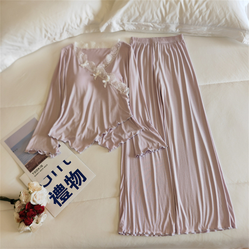 莫代爾睡衣女春秋季帶胸墊性感純欲風蕾絲邊長袖薄款家居服套裝夏