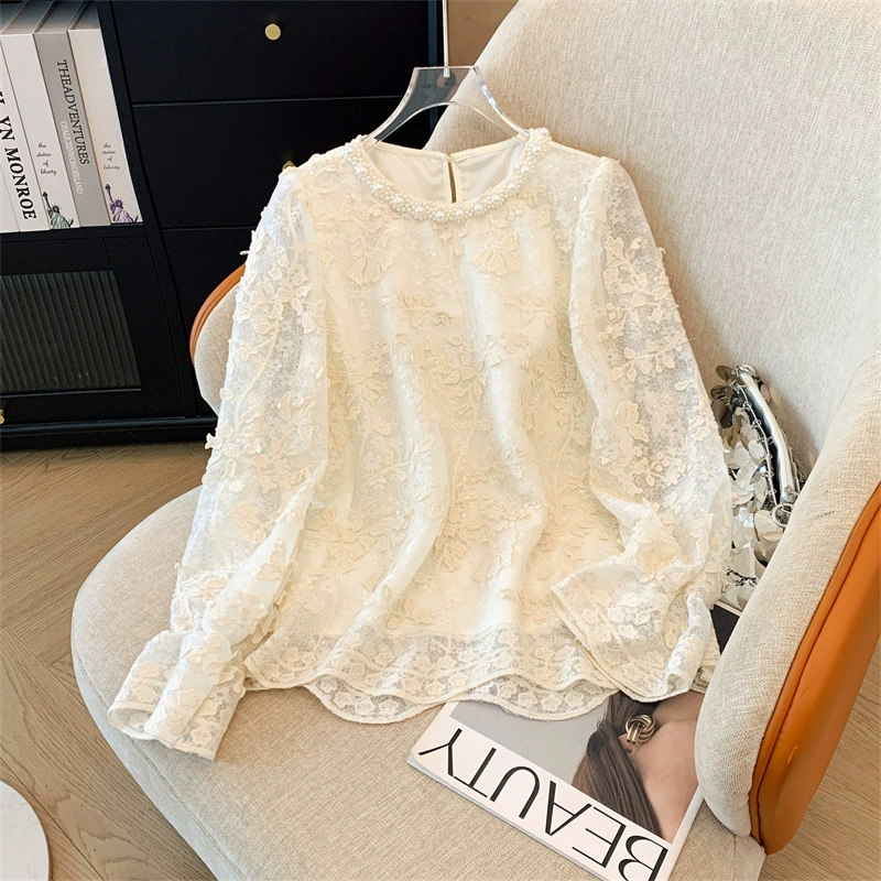 Французская бисероническая рубашка с длинными рукавами, весенний и осенний кружевной топ с круглым вырезом, свободная нижняя рубашка