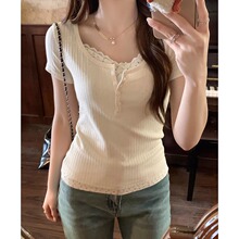 韩系假两件设计上衣女夏季新款修身整件百搭T恤小众设计圆领上衣