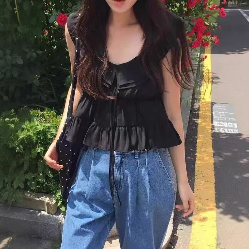 Vege*Ble Ruffled Edge Tank Top Korean Designer Women's Fashion Double-Layered Lapel Youthful Sweet Korean-Style Camisole