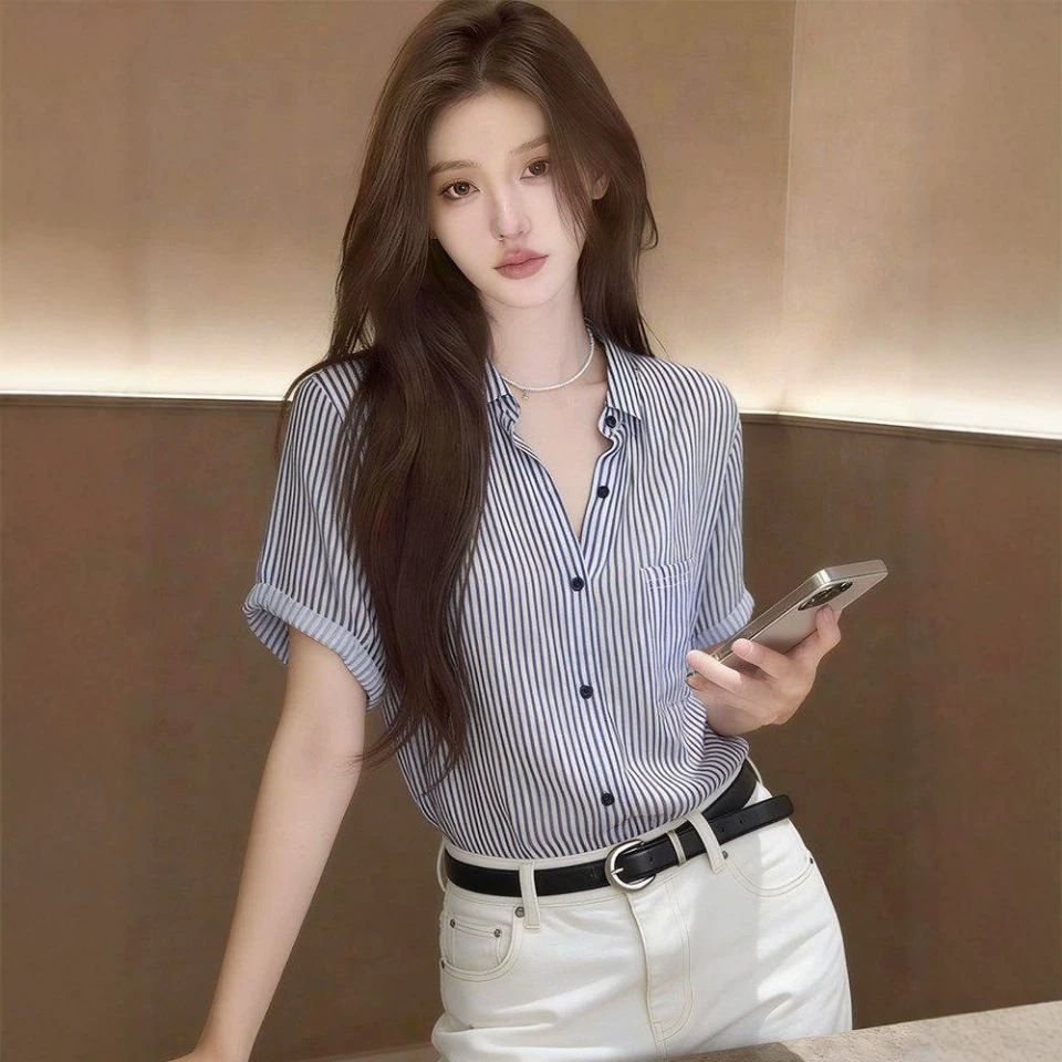 Áo sơ mi nữ tay ngắn sọc kẻ thiết kế cổ bẻ thanh lịch — Sọc chi tiết 2