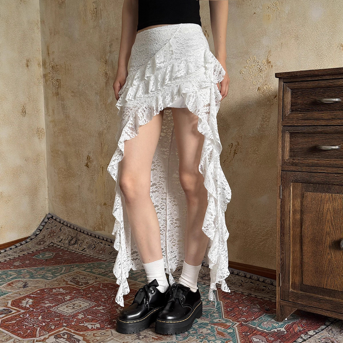 Lace Ribbon Irregular Skirt for Women in Summer, Layered Ruffle Hem Skirt, Diagonal Edge Solid Color Mesh Overskirt