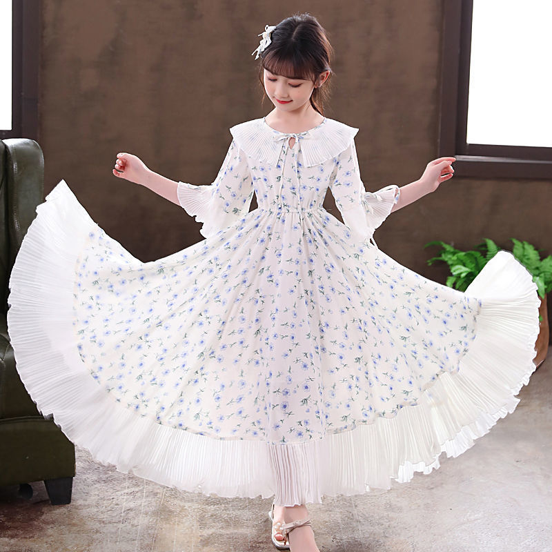 Girls' Summer Dress, Thin Style, Fashionable Floral Chiffon Princess Dress for Older Children, 2024 Summer