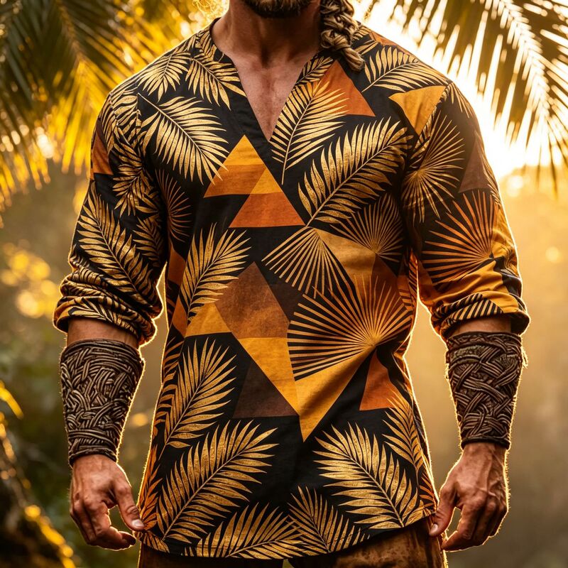 2026 Cross-Border Creative Geometric Tropical Pattern Men's V-Neck Short-Sleeve Casual Loose Plus-Size Pure Cotton T-Shirt 2026 Cross-Border Creative Geometric Tropical Pattern Men's V-Neck Short-Sleeve Casual Loose Plus-Size Pure Cotton T-Shirt