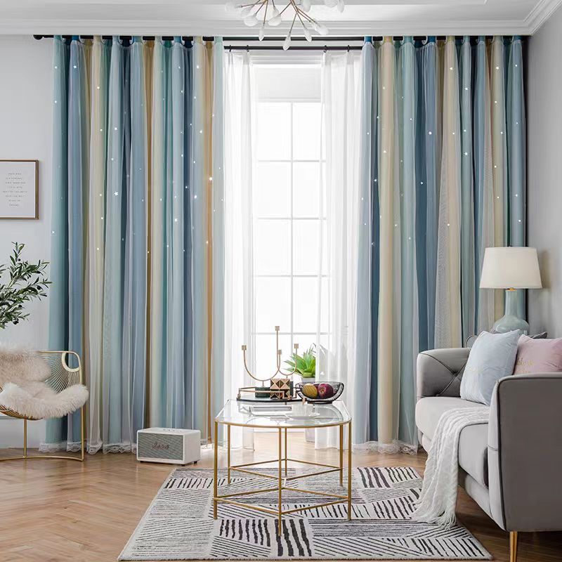 comercio exterior transfronterizo doble rayas graduadas huecas estrellas cortina tela de tela de sombreado acabado fábrica directa de cortinas