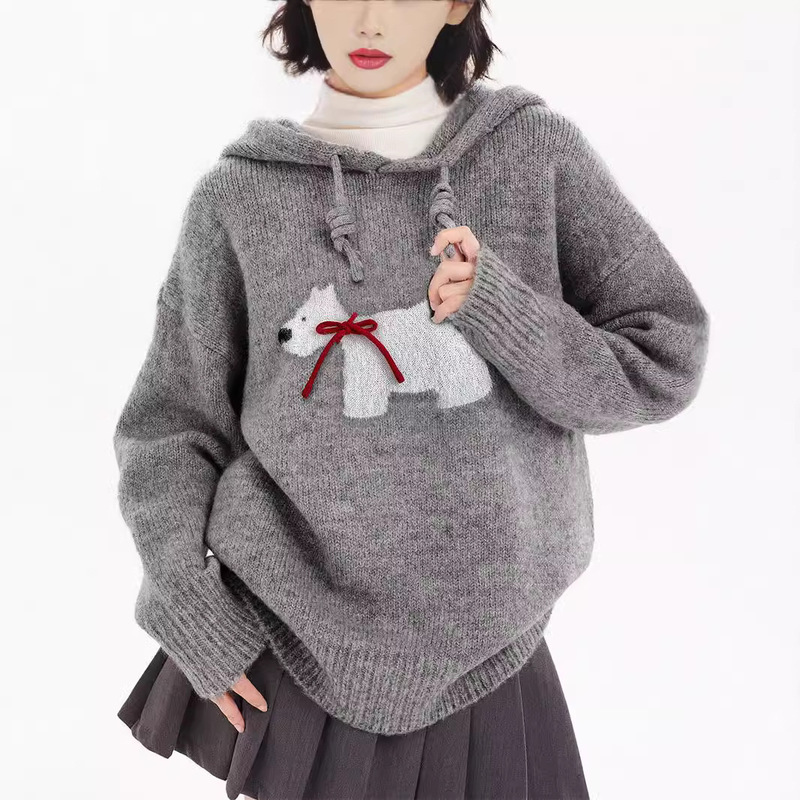 Gray Puppy Hooded Sweatshirt for Women 2026 New Popular Cute Sweater Autumn and Winter Women's Lazy High-End Top