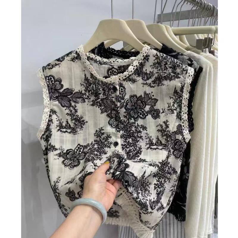 2026 Korean-style tassel lace sleeveless shirt for women, summer loose fit, slimming design, versatile blouse 2026 Korean-style tassel lace sleeveless shirt for women, summer loose fit, slimming design, versatile blouse