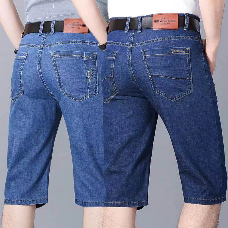 Pantalones cortos casuales de algodón para hombres de verano pantalones cortos elásticos relajados pantalones medianos para personas de mediana edad y ancianos pantalones vaqueros de Negocios de siete puntos de tubo recto