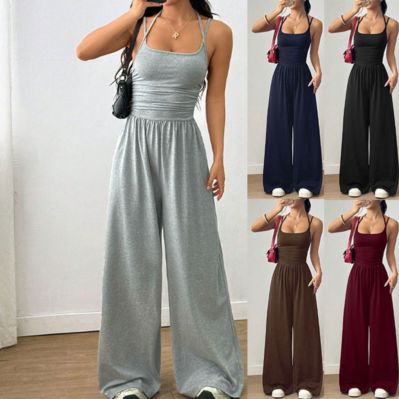 Amazon European and American Cross-Border New Solid Color Suspender Women's Casual Chest-Wrap Jumpsuit Summer Wide-Leg Loose Women's Clothing