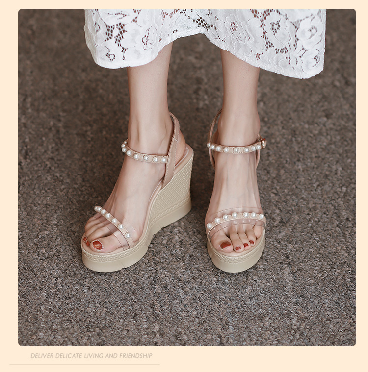 Sandal cao gót nữ hở mũi quai ngang đính ngọc trai, đế xuồng dày dáng La Mã — màu trắng, màu mơ chi tiết 7