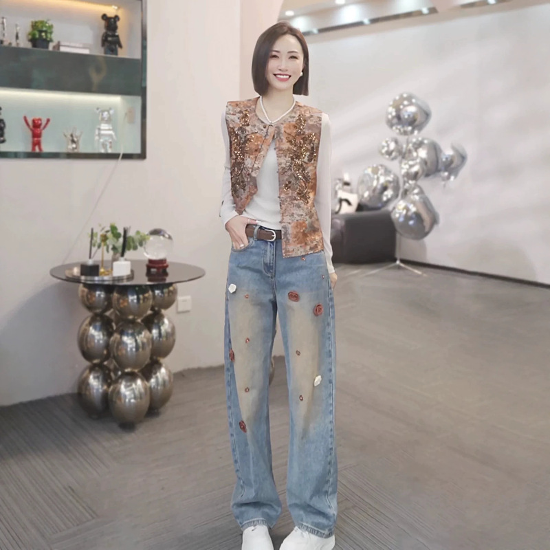 Counter model [Rose Star Trail] 2026 early autumn new fashion casual designer slimming wide-leg jeans for women