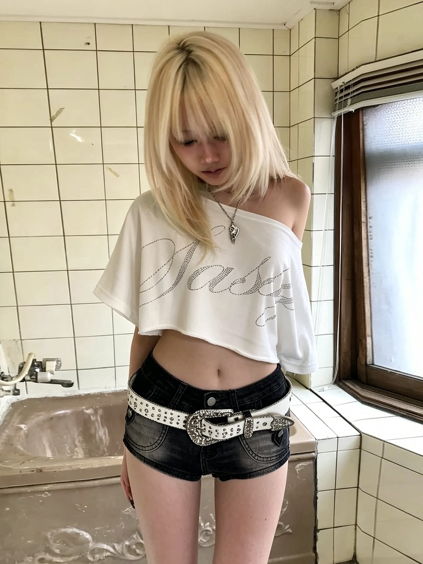 Qadın üçün açıq çiyin qısa crop top, daş bəzəkli