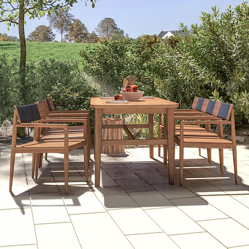 De gama alta al aire libre mesa y silla Villa patio anti-corrosión madera larga mesa al aire libre jardín terraza ocio teca mesa y silla combinación