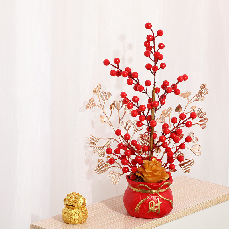 創意的なお祝いの福袋の花瓶のお正月の花のシミュレーションの花の金持ちになるザクロの果実の置物の新春の家の装飾の抱っこの桶|undefined