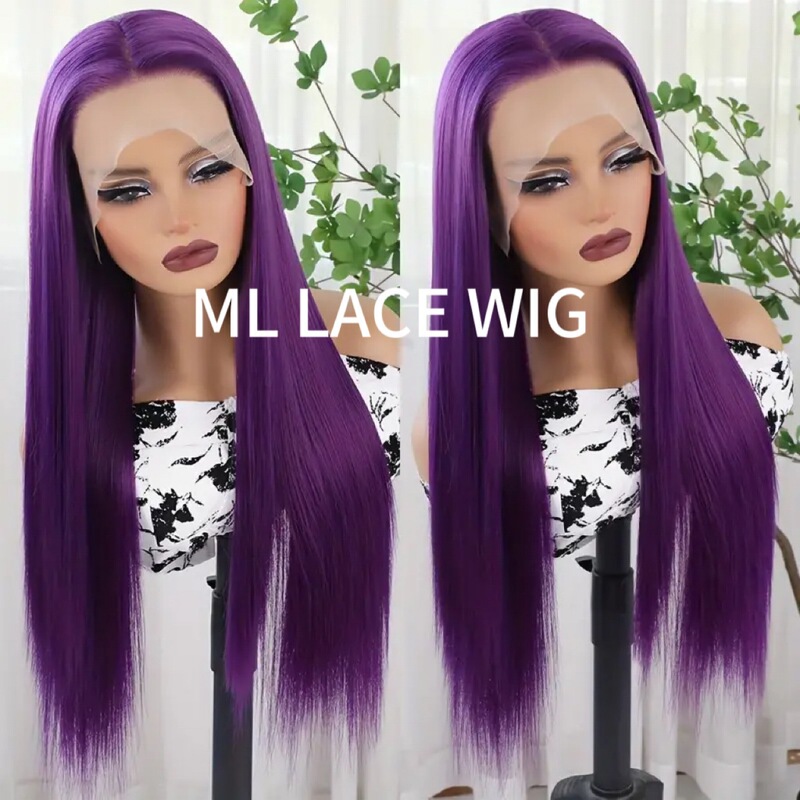 Cross-border Amazon Front Lace Chemical Fiber Wig Headgear Wig Matte High Temperature Silk 13x 4 dark purple Long Straight Hair