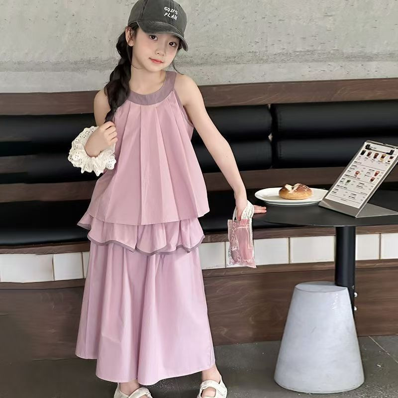 Traje para niñas Primavera y verano 2025 nuevo estilo estilo occidental chaleco sin mangas para niños pantalones anchos traje de dos piezas vestido de verano para niños de mediana edad