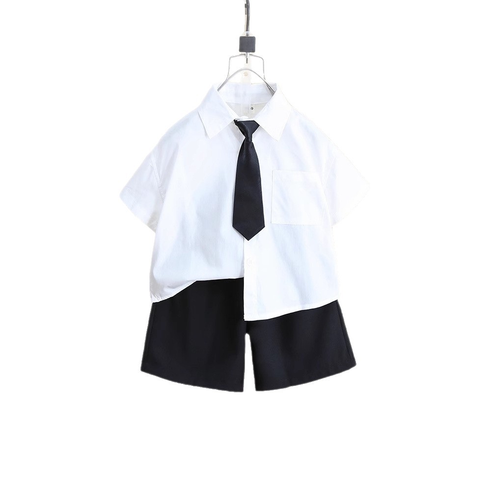 8111 Camisa de manga corta para niños Camisa blanca de dos piezas para niños de jardín de infantes Corbata Estilo universitario Ropa de hermano y hermana Verano