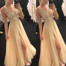 Shiny evening dress2025欧美夏季金色V领拼接连衣裙派对晚礼服