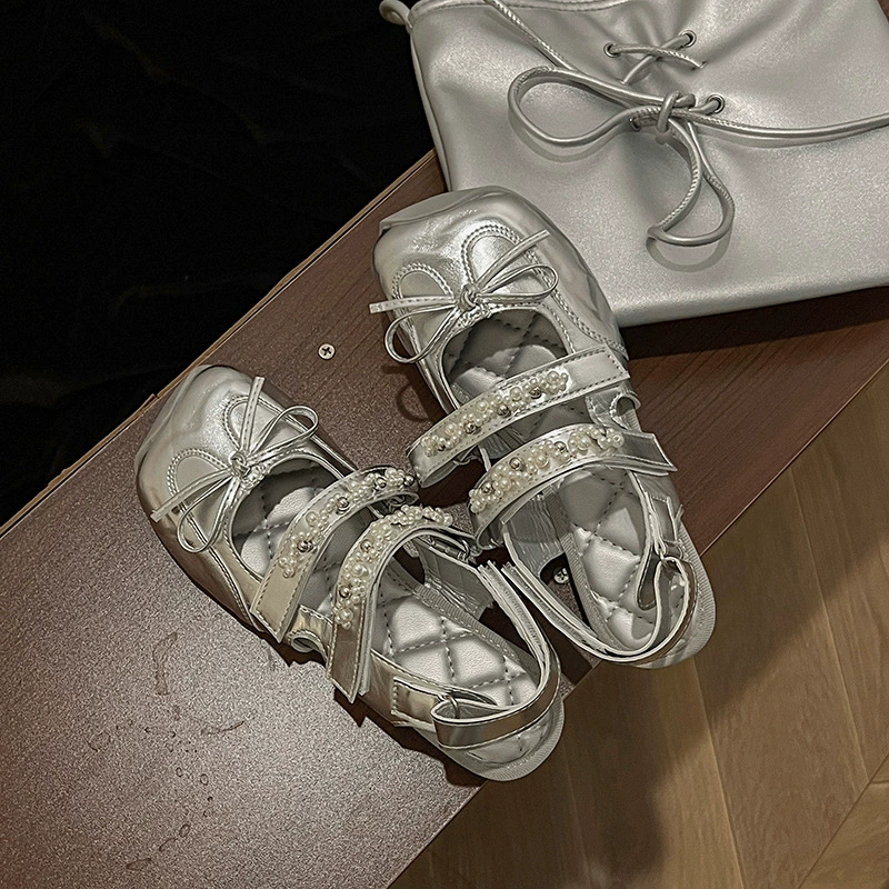 Серебряные балетки для женщин лето 2025, французский бант, круглый носок, супер модные плоские туфли, женские слипоны, тренд