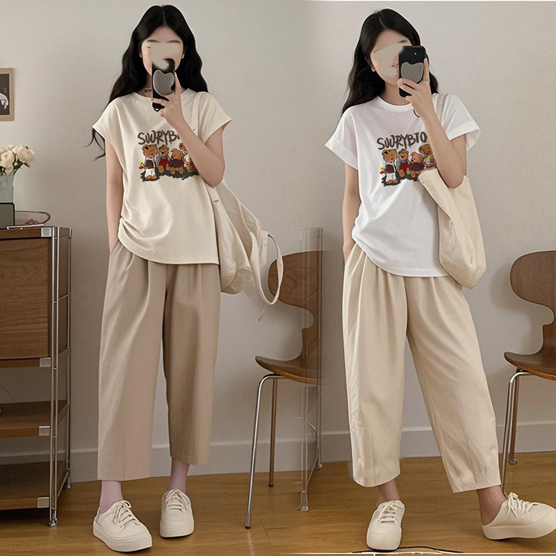 Maternity Wear Cute Bear Print Set Summer Loose Sleeveless Round Neck Top Women's Korean Style Large Size Stylish T-Shirt Maternity Wear Cute Bear Print Set Summer Loose Sleeveless Round Neck Top Women's Korean Style Large Size Stylish T-Shirt