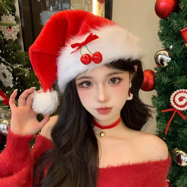 Autumn Winter Red Cherry Plush Santa Claus Hat Ambience Photo Headwear Christmas Cos Dress Up Hat