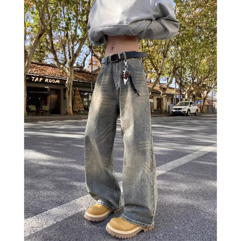 American Retro Distressed Cement Yellow Wide-Leg Jeans for Men, Autumn/Winter 2026, High-Waisted, Loose Fit, Slimming, Drapey Straight-Leg Pants