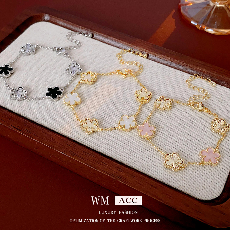 Pulsera de flor de cinco pétalos con galvanoplastia de oro real de 14K, pulsera de moda exquisita y versátil, joyería de lujo ligera de nicho para mujer