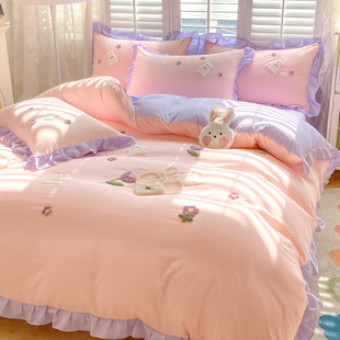 Xiaohongshu Recommends Pure Cotton Four-Piece Korean-Style Girls' Bedding Dormitory Quilt Cover Three-Piece Set for All Seasons