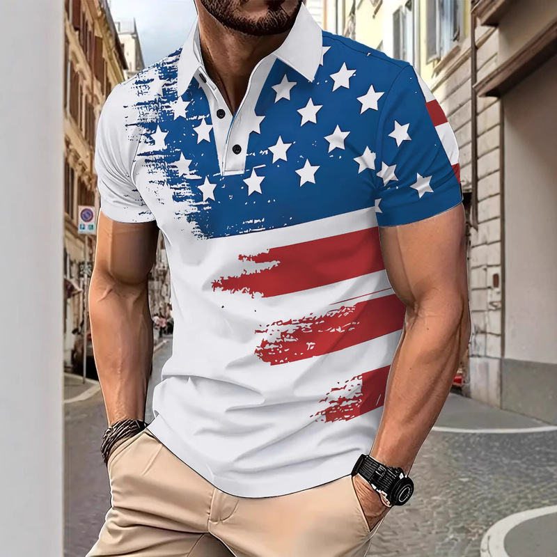 Men's Summer Sports Short-Sleeved Polo Shirt Color Matching Printing American Independence Day European and American Cross-Border Aliexpress Amazon