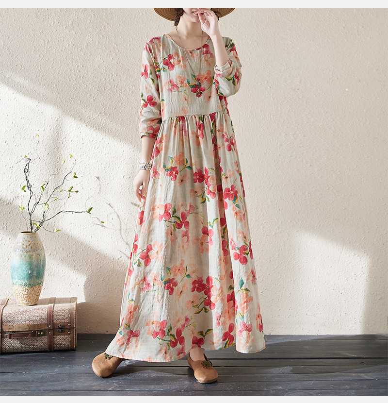 Women Vacation Floral Print Crew Neck Retro Dress Cotton Linen Loose Maxi Gown | eBay Women Vacation Floral Print Crew Neck Retro Dress Cotton Linen Loose Maxi Gown | eBay