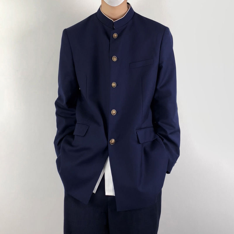 Men's white long-sleeved shirt + serge navy trousers + men's navy blue tunic suit