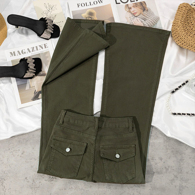 Women's flared jeans, 2026 autumn collection, new high-waisted, slimming, olive green, workwear style, slightly flared pants