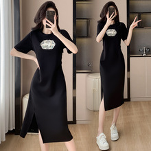 新中式国风开叉连衣裙子女夏季时尚高级感气质修身显瘦休闲T恤裙
