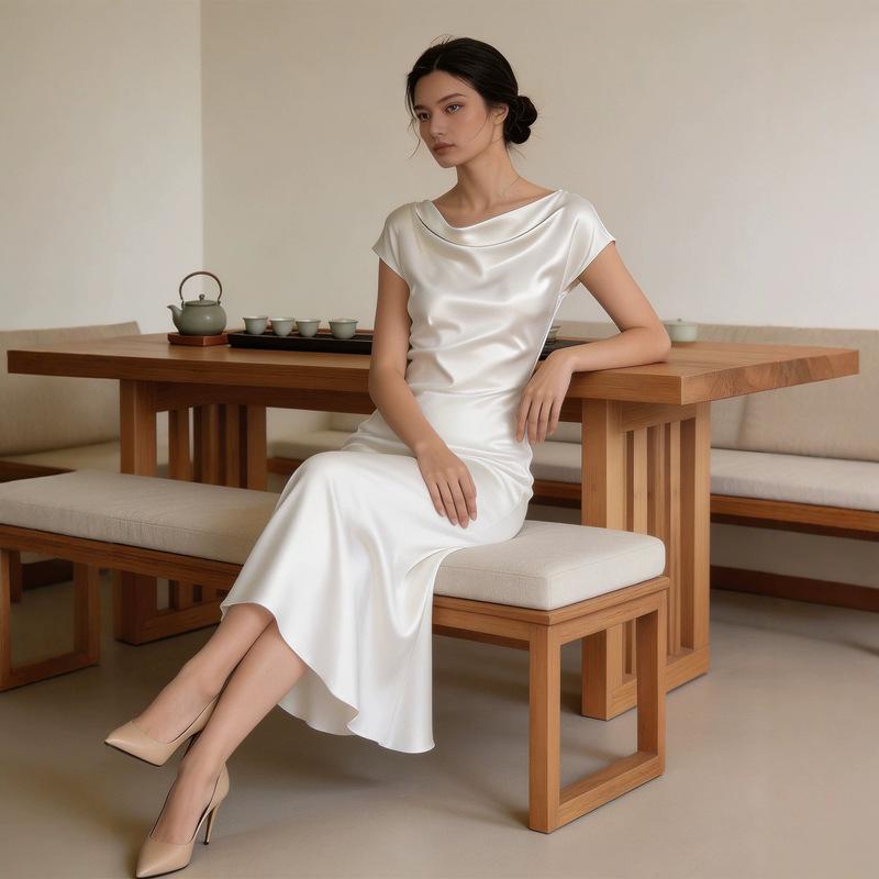 High-End Heavy Acetate Satin Simple and Cool White Moonlight Elegant Draped Collar Dress with a Waist-Cinching Slimming Effect