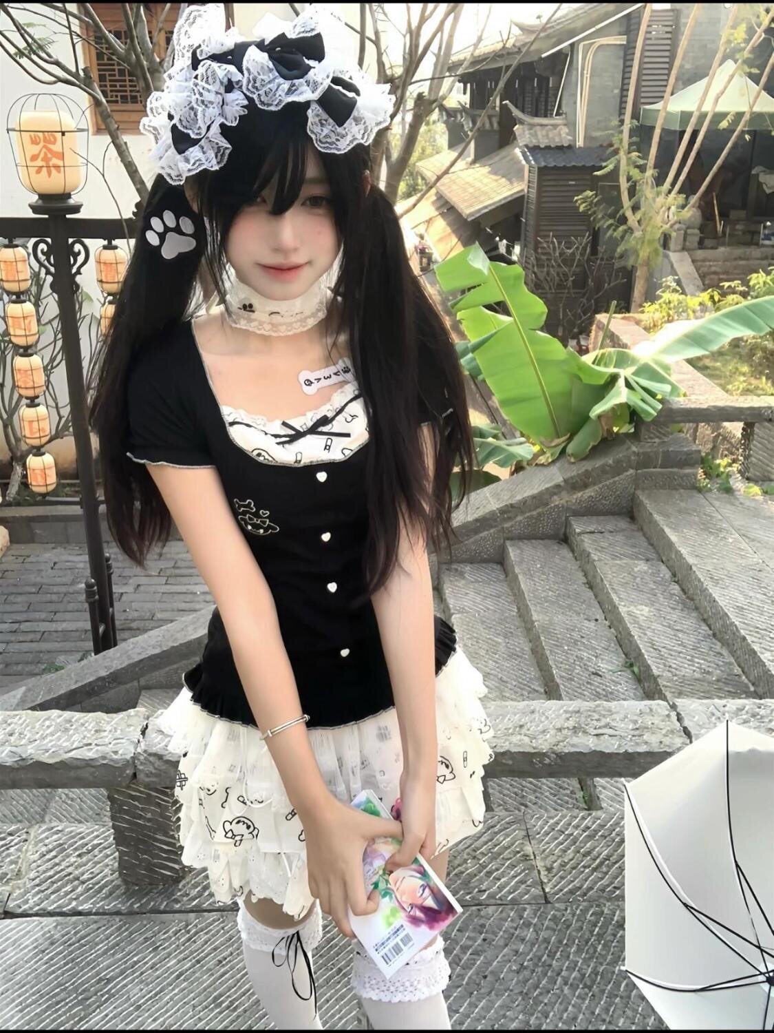 夏季y2k学院风套装裙可爱拼接假两件黑色上衣蓬蓬蛋糕裙两件套女