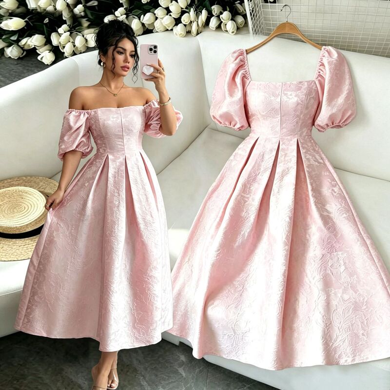 2026 New In-Stock French Retro Jacquard Square-Neck Puff Sleeve Waist-Cinching Flared Mid-Length Dress 2026 New In-Stock French Retro Jacquard Square-Neck Puff Sleeve Waist-Cinching Flared Mid-Length Dress
