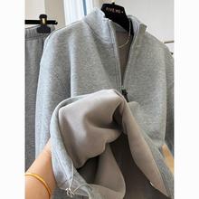 韩系减龄超好看休闲运动套女秋冬新款加绒加厚立领卫衣卫裤两件套