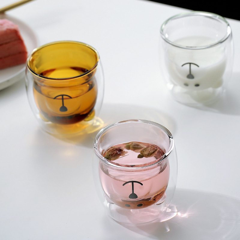 Taza de vidrio de borosilicato de doble capa, diseño de oso lindo, ideal para leche, café, jugos y bebidas frías o calientes